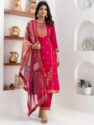 Fantastic Coral Red Zari Weaving Jacquard Pant Suit With Dupatta